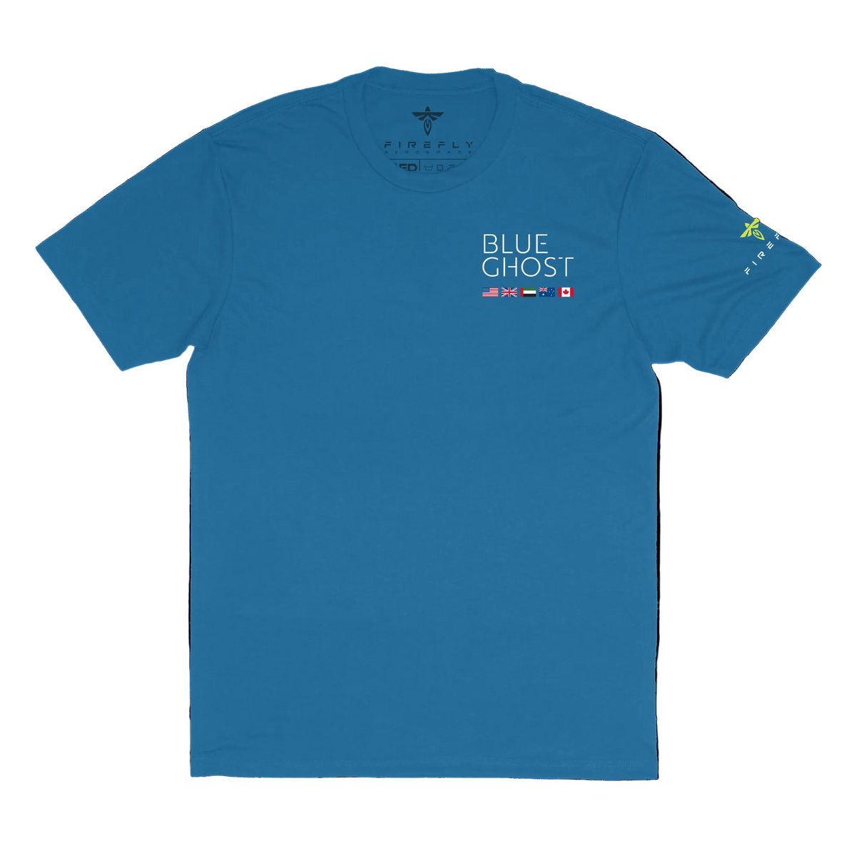 Blue t-shirt with 'Blue Ghost' text and logos on a white background