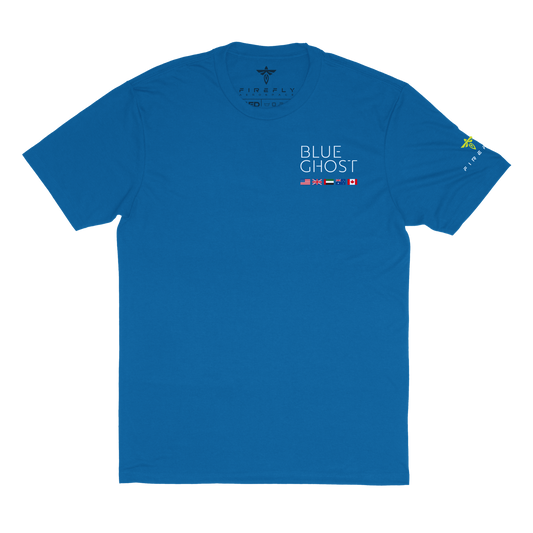Blue t-shirt with 'Blue Ghost' text and logos on a white background