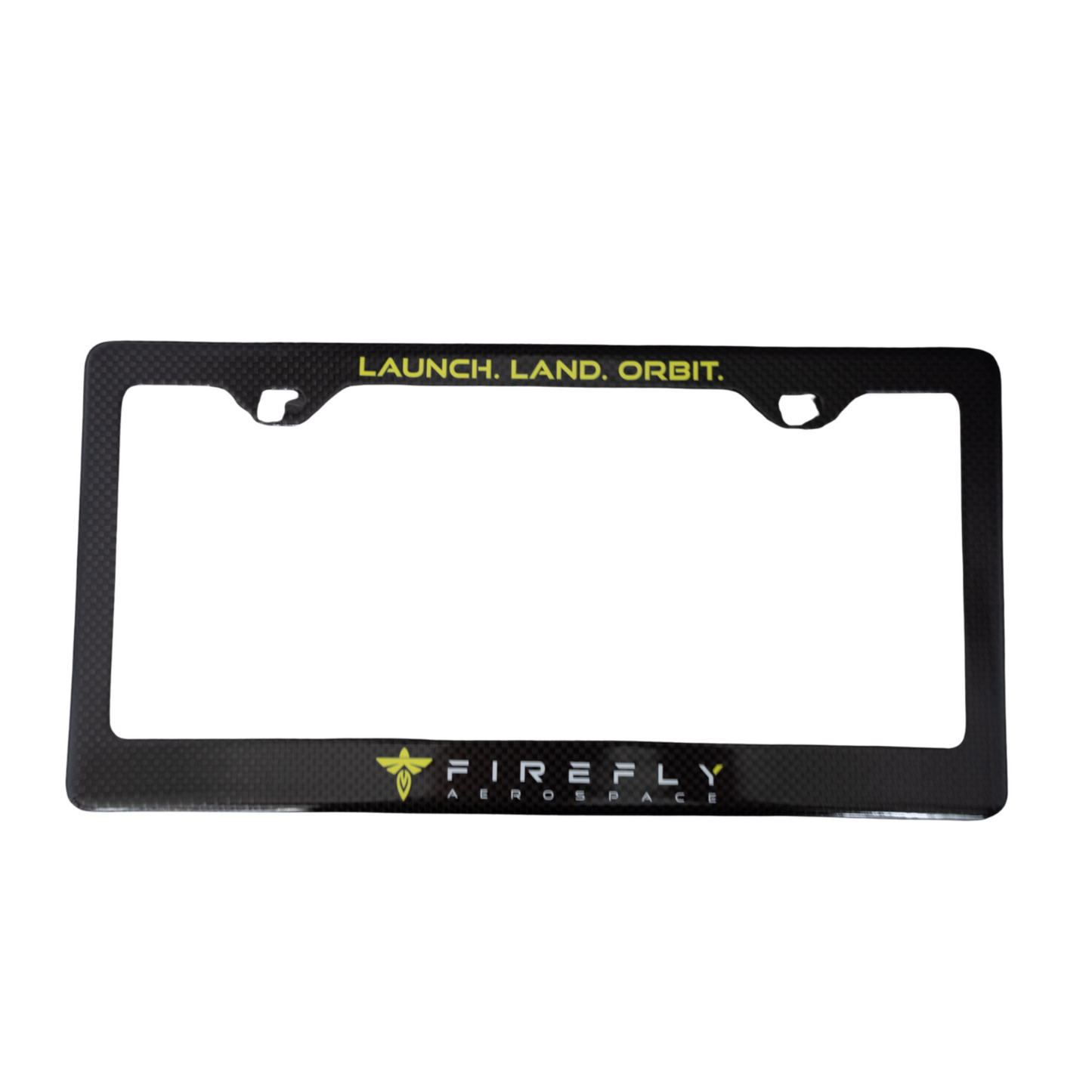 A black carbon fiber license plate frame with 'Firefly' logo and the words 'LAUNCH, LAND, ORBIT.' printed in yellow.