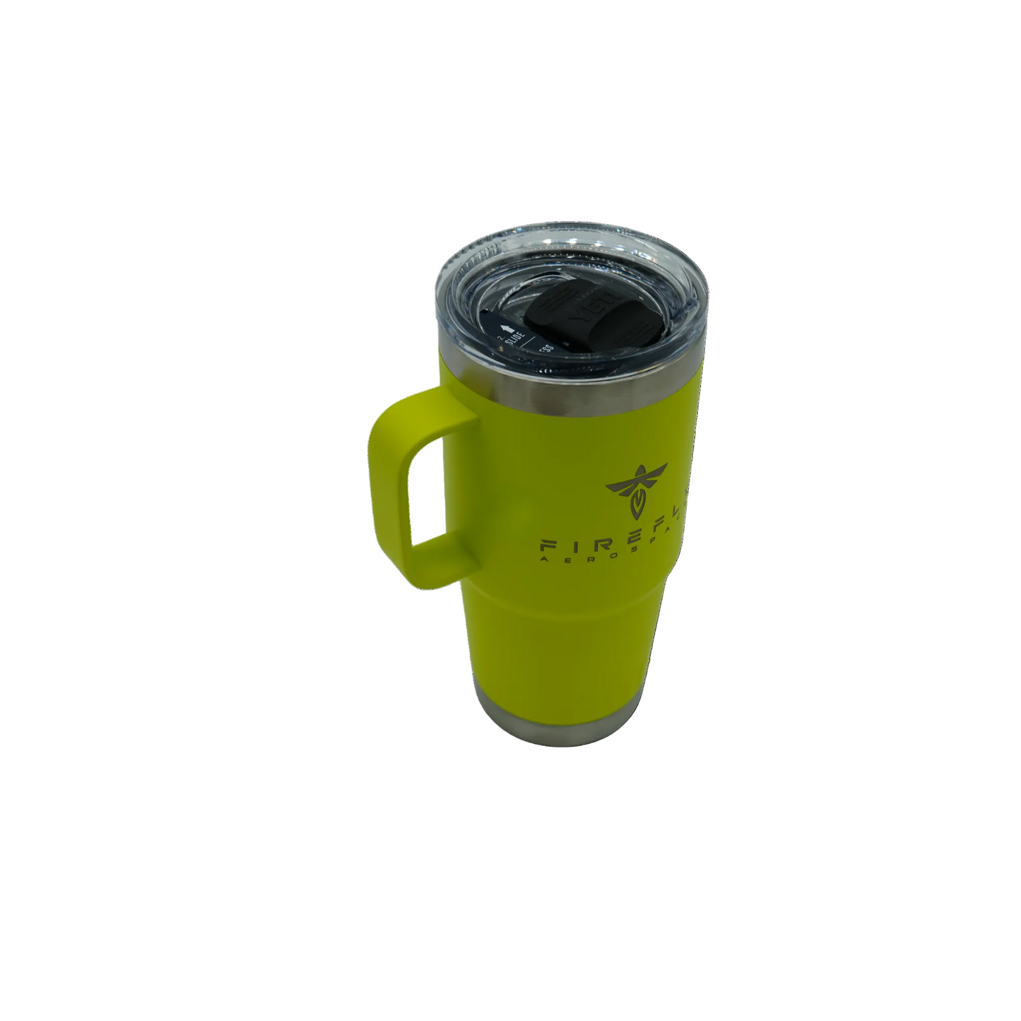 Yellow travel mug with a handle on a white background