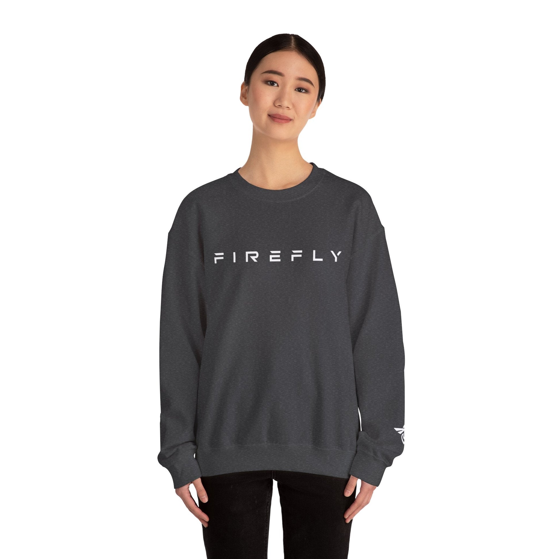 Person wearing a grey sweatshirt with text on a white background