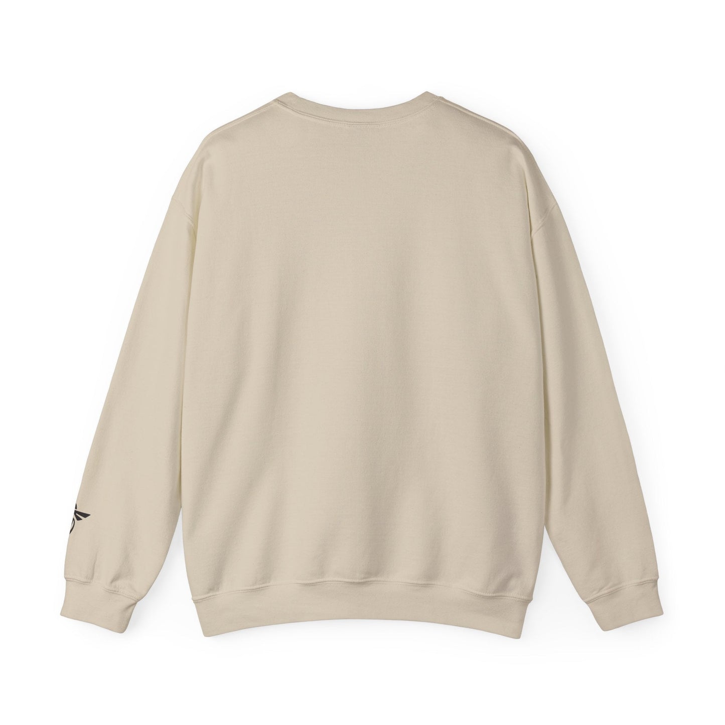 Beige sweatshirt with a small red logo on the back against a white background