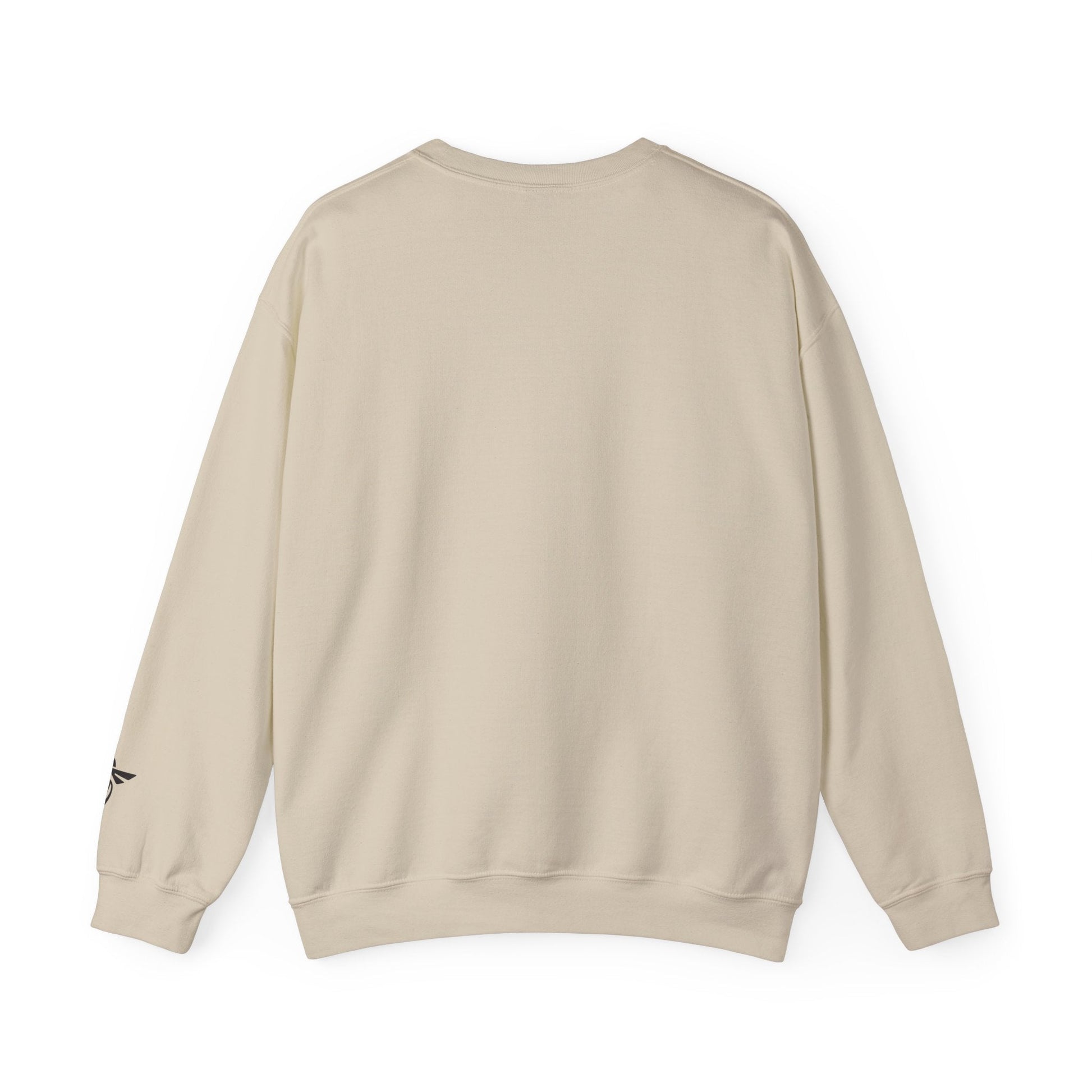 Beige sweatshirt with a small red logo on the back against a white background