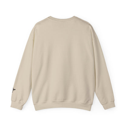 Beige sweatshirt with a small red logo on the back against a white background