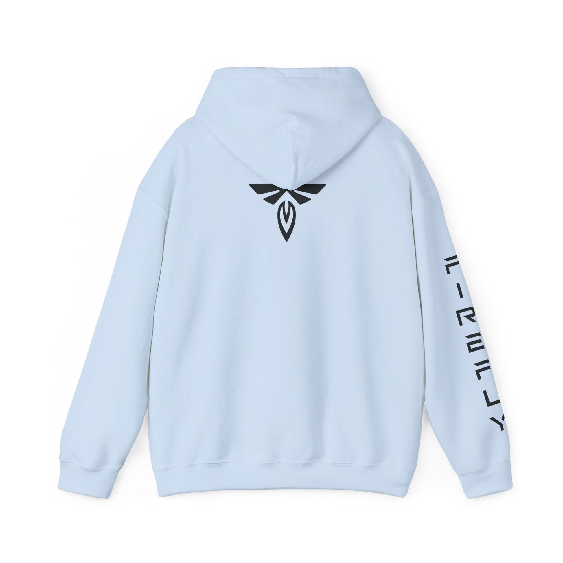 A light blue hoodie shown from the back, featuring a black winged emblem centered on the back and black vertical text printed down one sleeve, displayed on a clean white background.