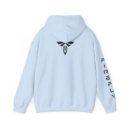 A light blue hoodie shown from the back, featuring a black winged emblem centered on the back and black vertical text printed down one sleeve, displayed on a clean white background.
