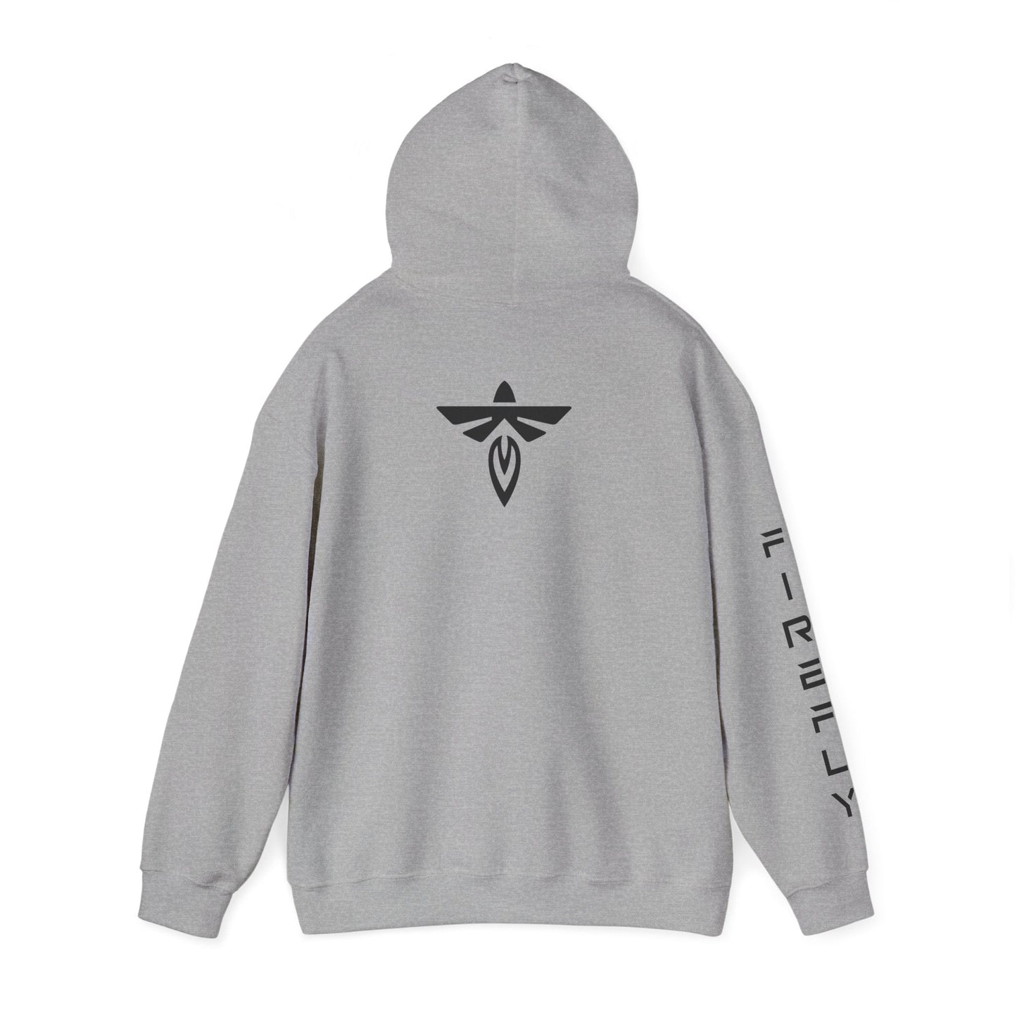 A light gray pullover hoodie shown from the back, featuring a black winged emblem centered on the back and black vertical text printed down one sleeve, set against a plain white background.
