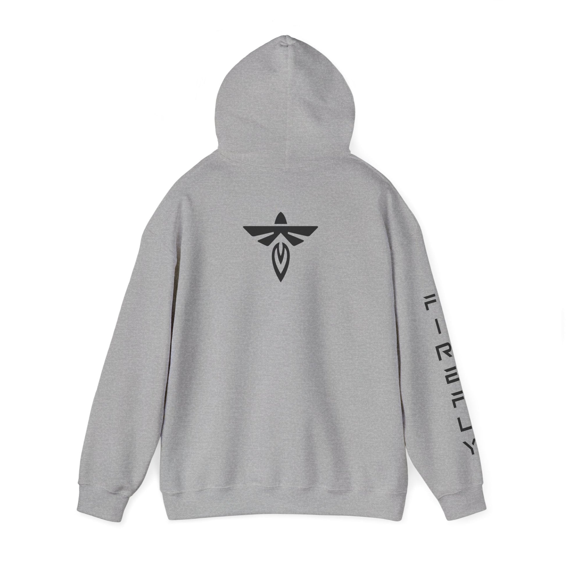 A light gray pullover hoodie shown from the back, featuring a black winged emblem centered on the back and black vertical text printed down one sleeve, set against a plain white background.