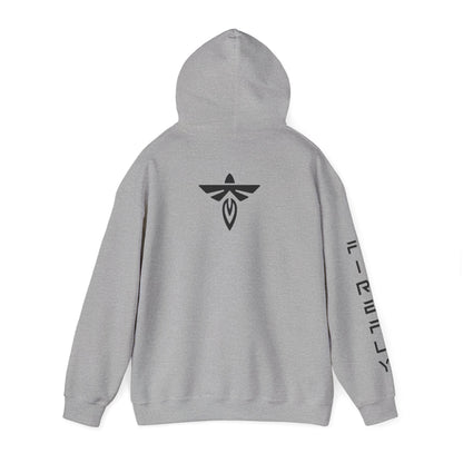 A light gray pullover hoodie shown from the back, featuring a black winged emblem centered on the back and black vertical text printed down one sleeve, set against a plain white background.