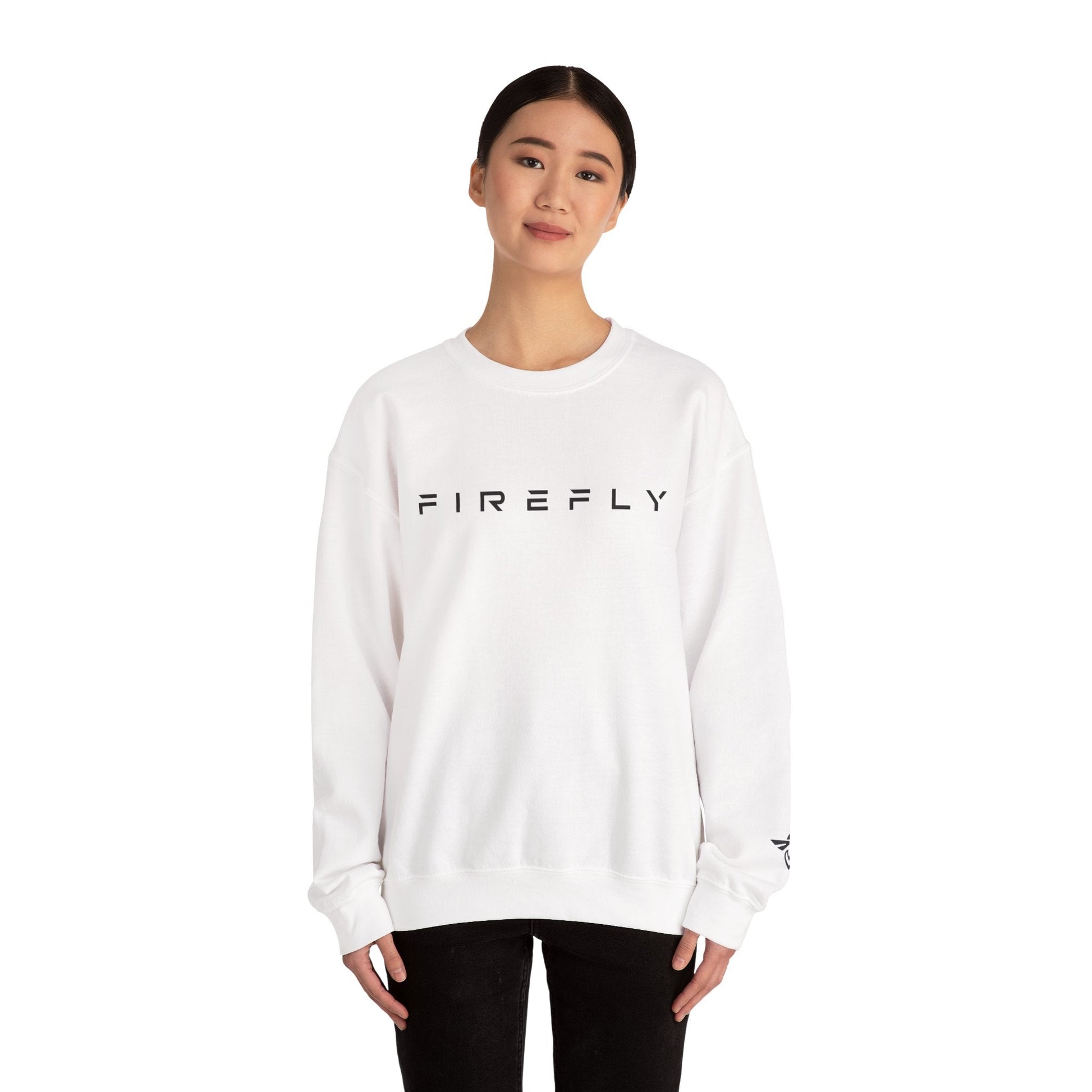 Person wearing a white sweatshirt with a small logo on a white background