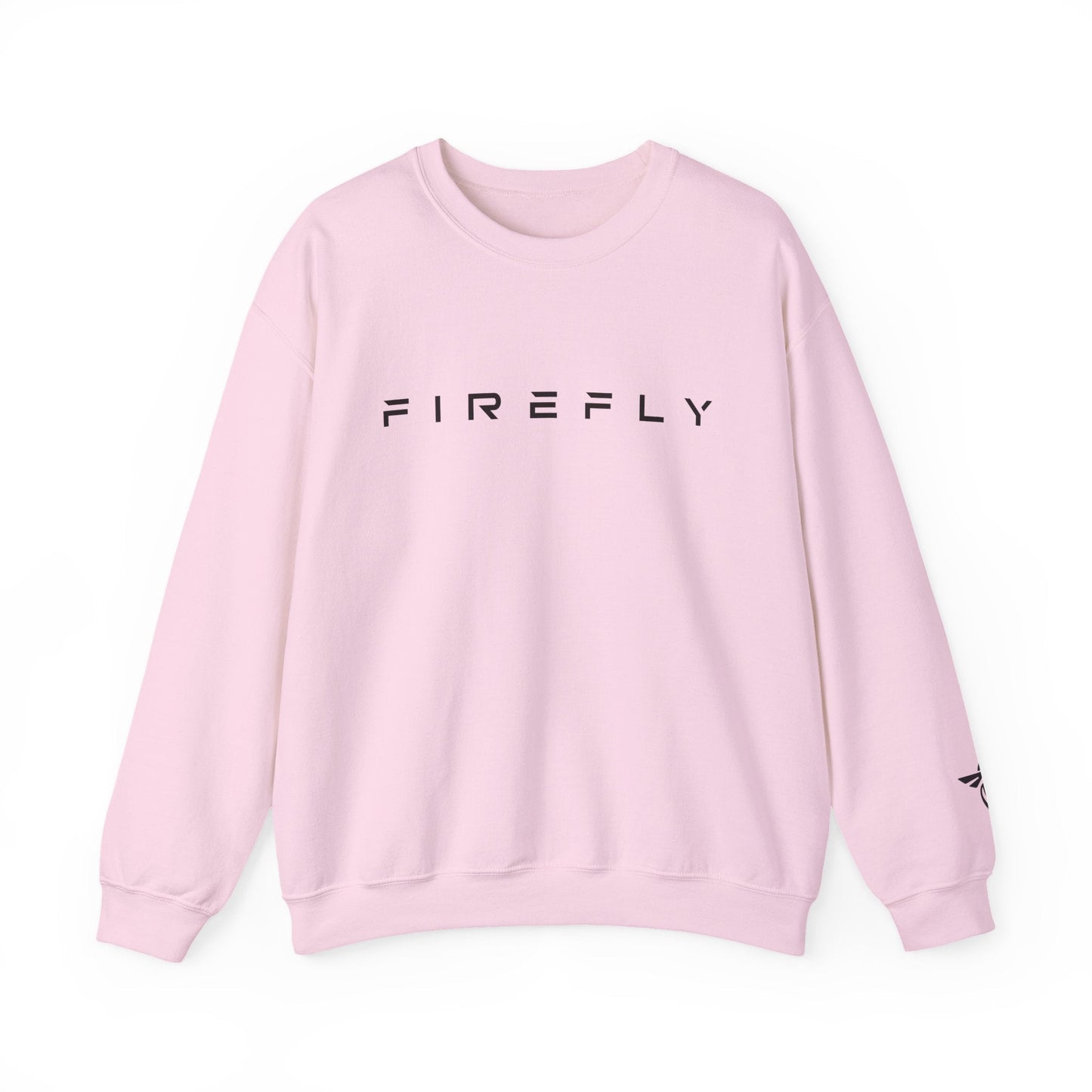 A light pink crewneck sweatshirt with the word 'FIREFLY' printed in black across the chest, displayed on a clean white background.