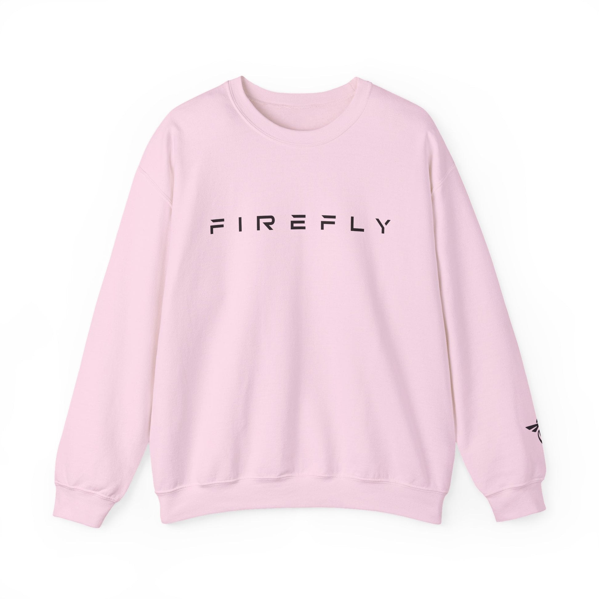 A light pink crewneck sweatshirt with the word 'FIREFLY' printed in black across the chest, displayed on a clean white background.