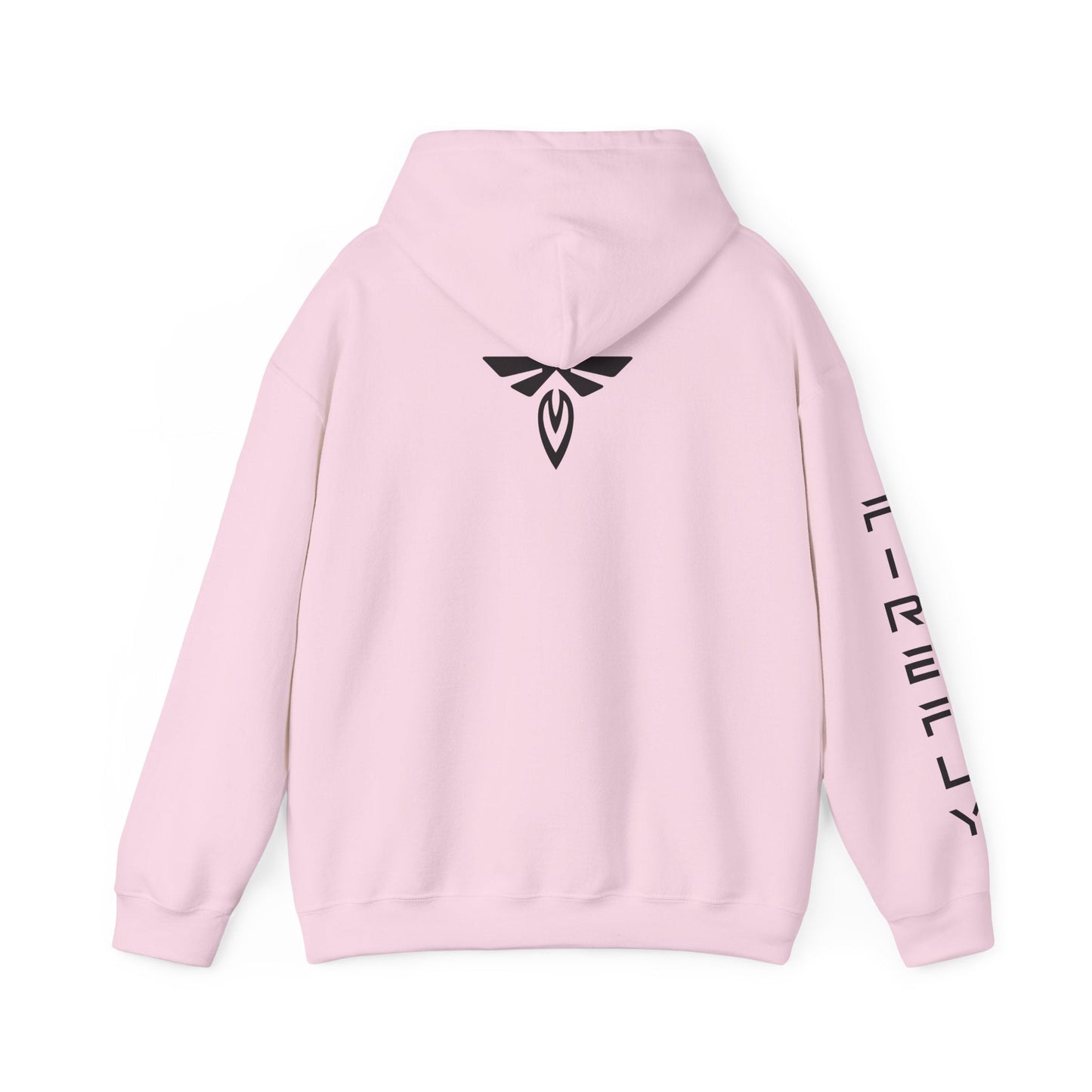 A light pink pullover hoodie shown from the back, featuring a black winged emblem centered on the upper back and vertical black text running down one sleeve, displayed on a clean white background.