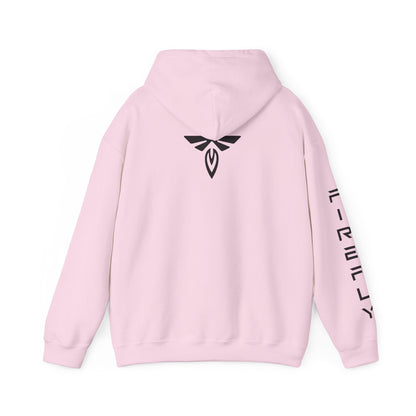 A light pink pullover hoodie shown from the back, featuring a black winged emblem centered on the upper back and vertical black text running down one sleeve, displayed on a clean white background.