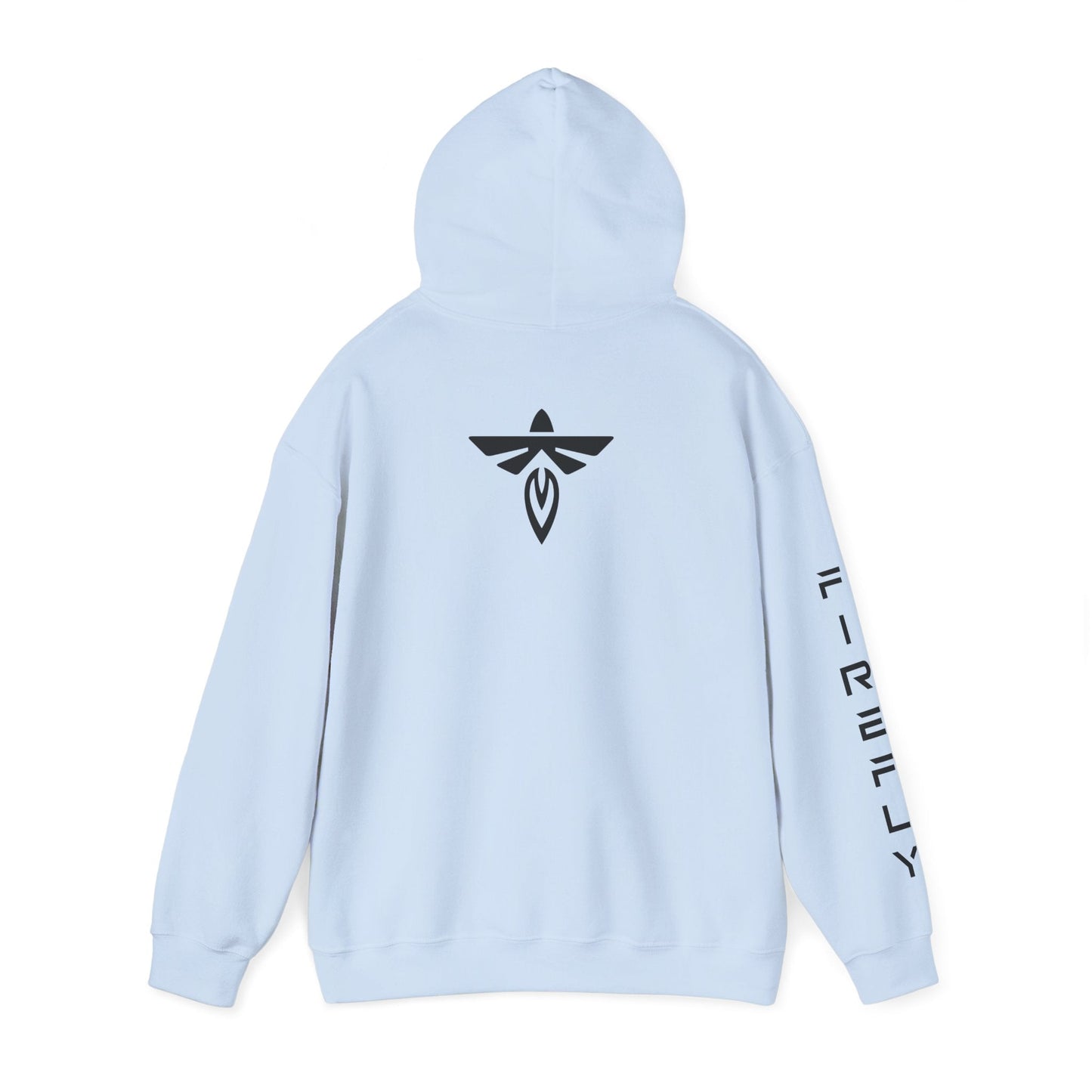 A light blue hoodie shown from the back, featuring a black stylized logo centered on the back and vertical black text printed down one sleeve, displayed on a clean white background.
