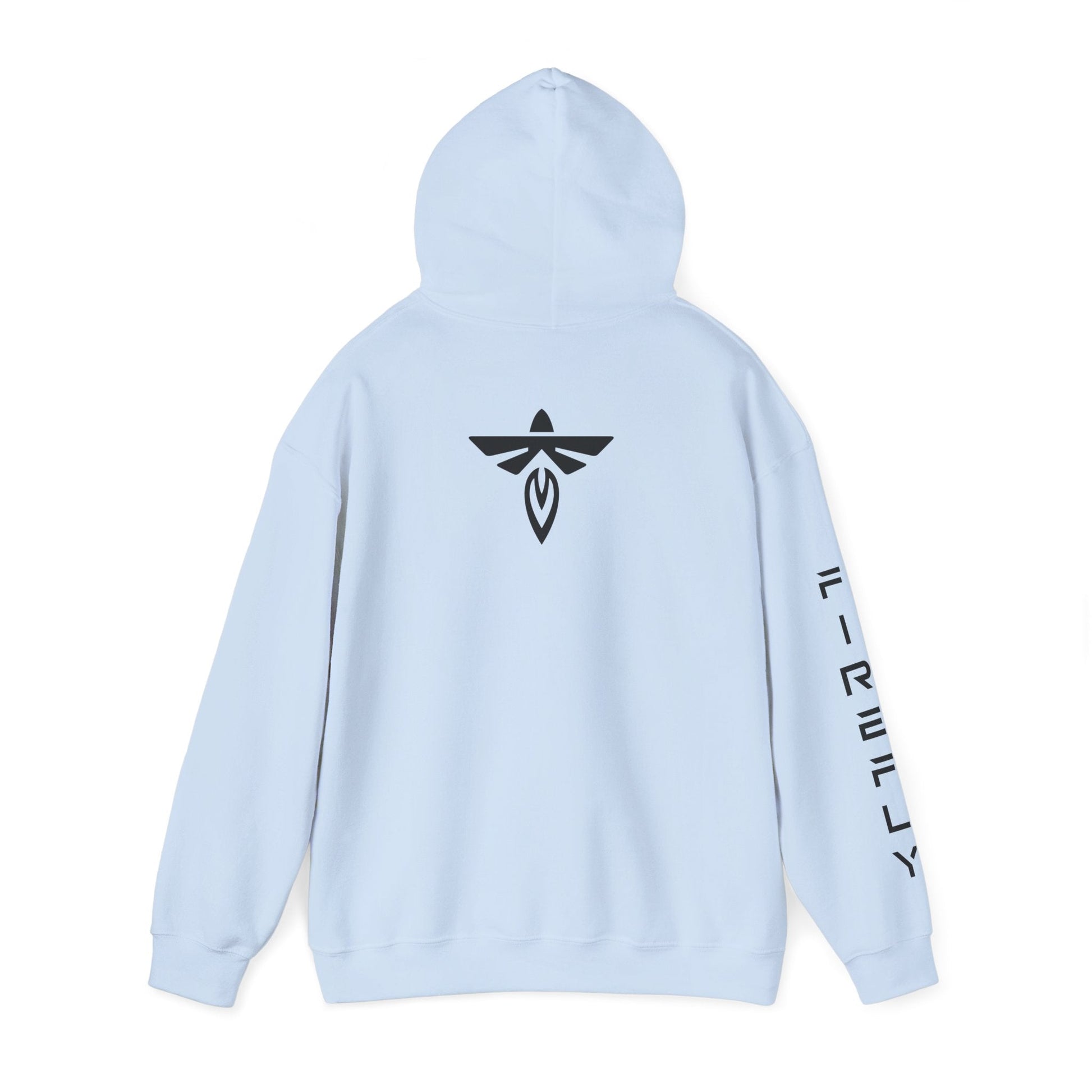 A light blue hoodie shown from the back, featuring a black stylized logo centered on the back and vertical black text printed down one sleeve, displayed on a clean white background.