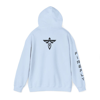 A light blue hoodie shown from the back, featuring a black stylized logo centered on the back and vertical black text printed down one sleeve, displayed on a clean white background.