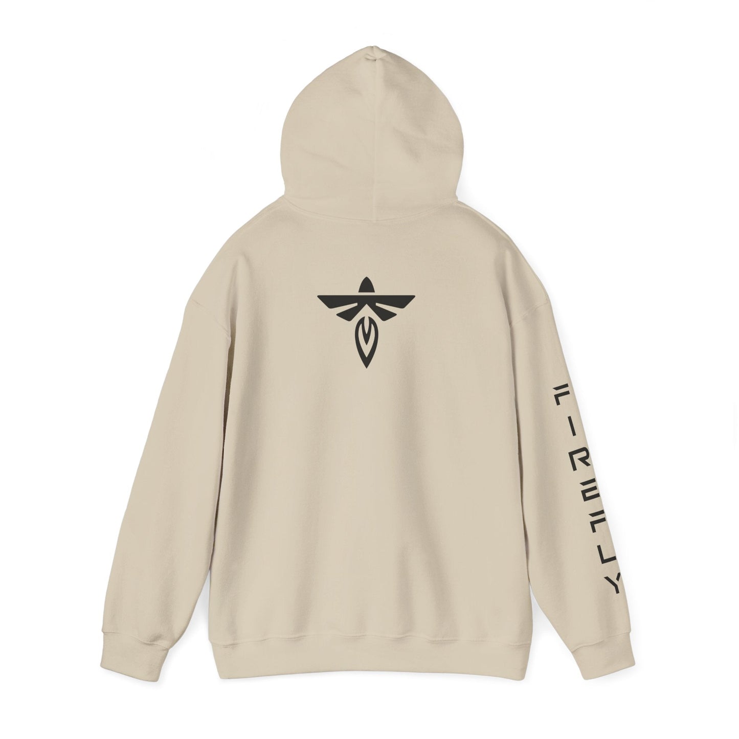 A beige pullover hoodie shown from the back, featuring a black stylized bird-like logo centered on the back and vertical black text printed down one sleeve, set against a plain white background.