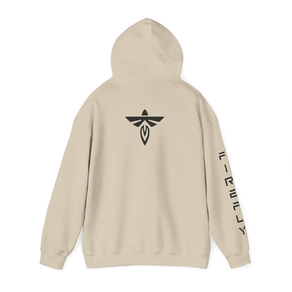 A beige pullover hoodie shown from the back, featuring a black stylized bird-like logo centered on the back and vertical black text printed down one sleeve, set against a plain white background.