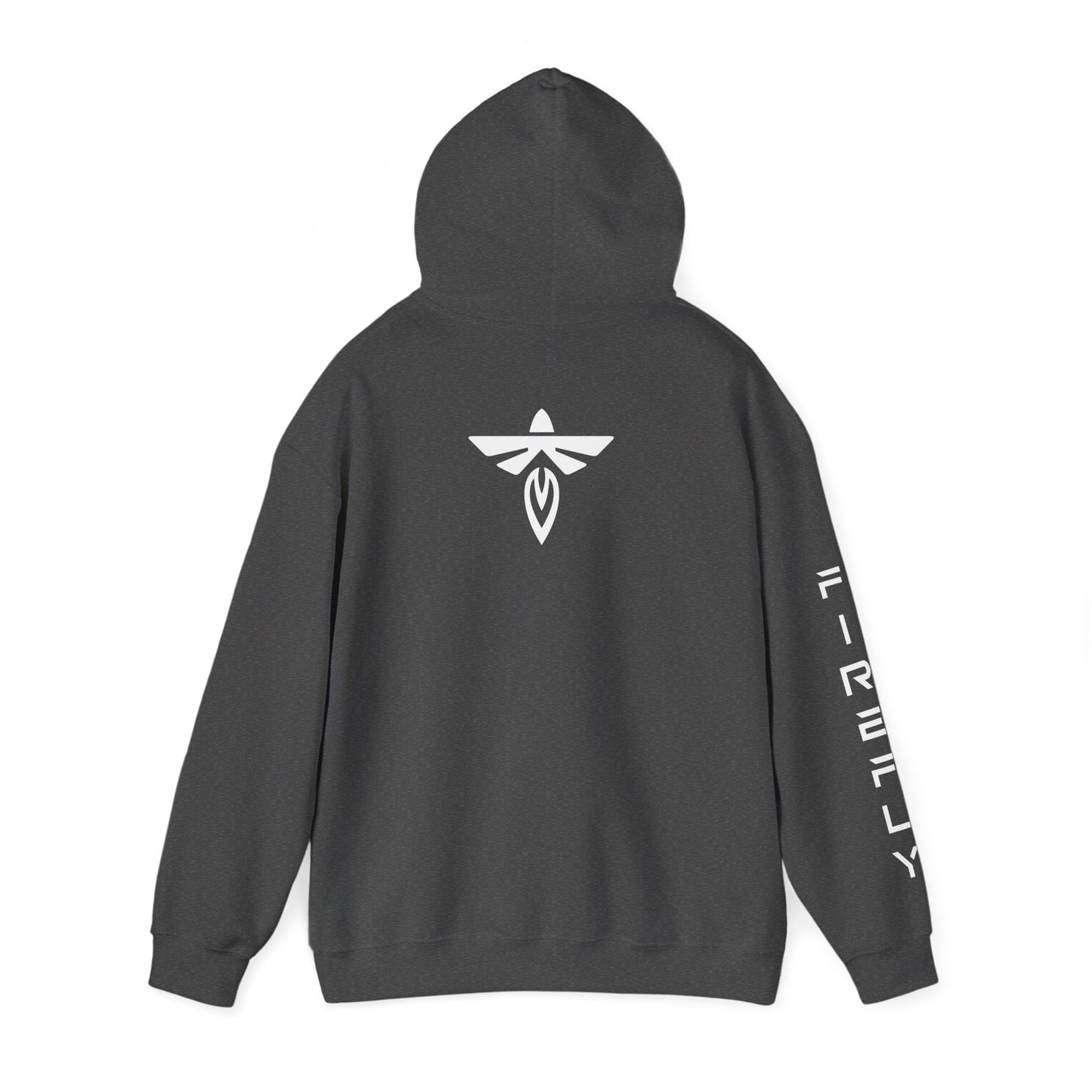 Grey hoodie with white text and logo on the back against a white background