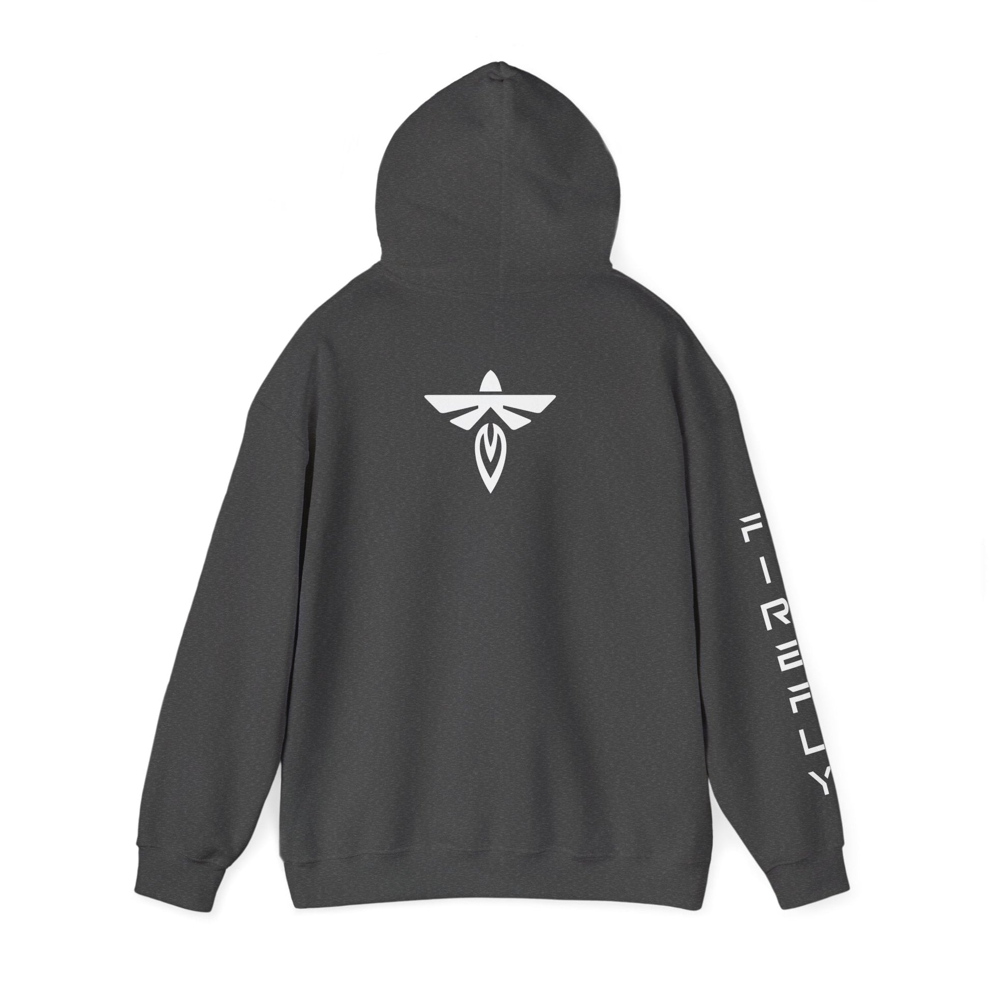 Grey hoodie with white text and logo on the back against a white background