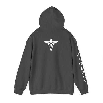 Grey hoodie with white text and logo on the back against a white background
