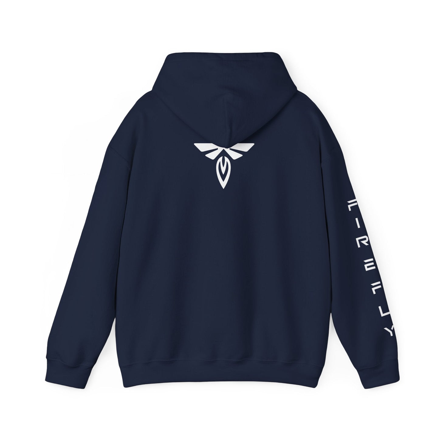 Navy hoodie with pink text on sleeve against a white background