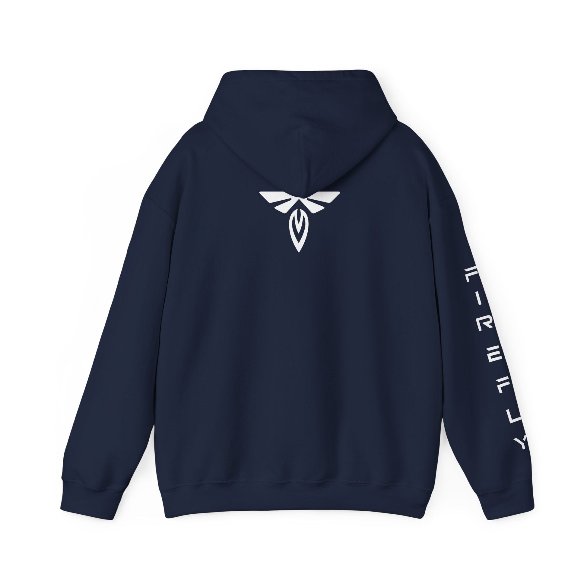 Navy hoodie with pink text on sleeve against a white background