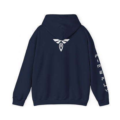Navy hoodie with pink text on sleeve against a white background