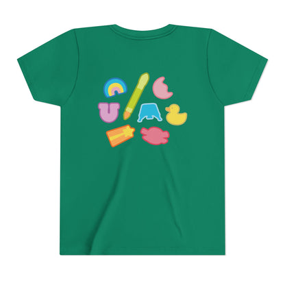 Green t-shirt with colorful graphic design on a white background