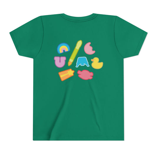 Green t-shirt with colorful graphic design on a white background