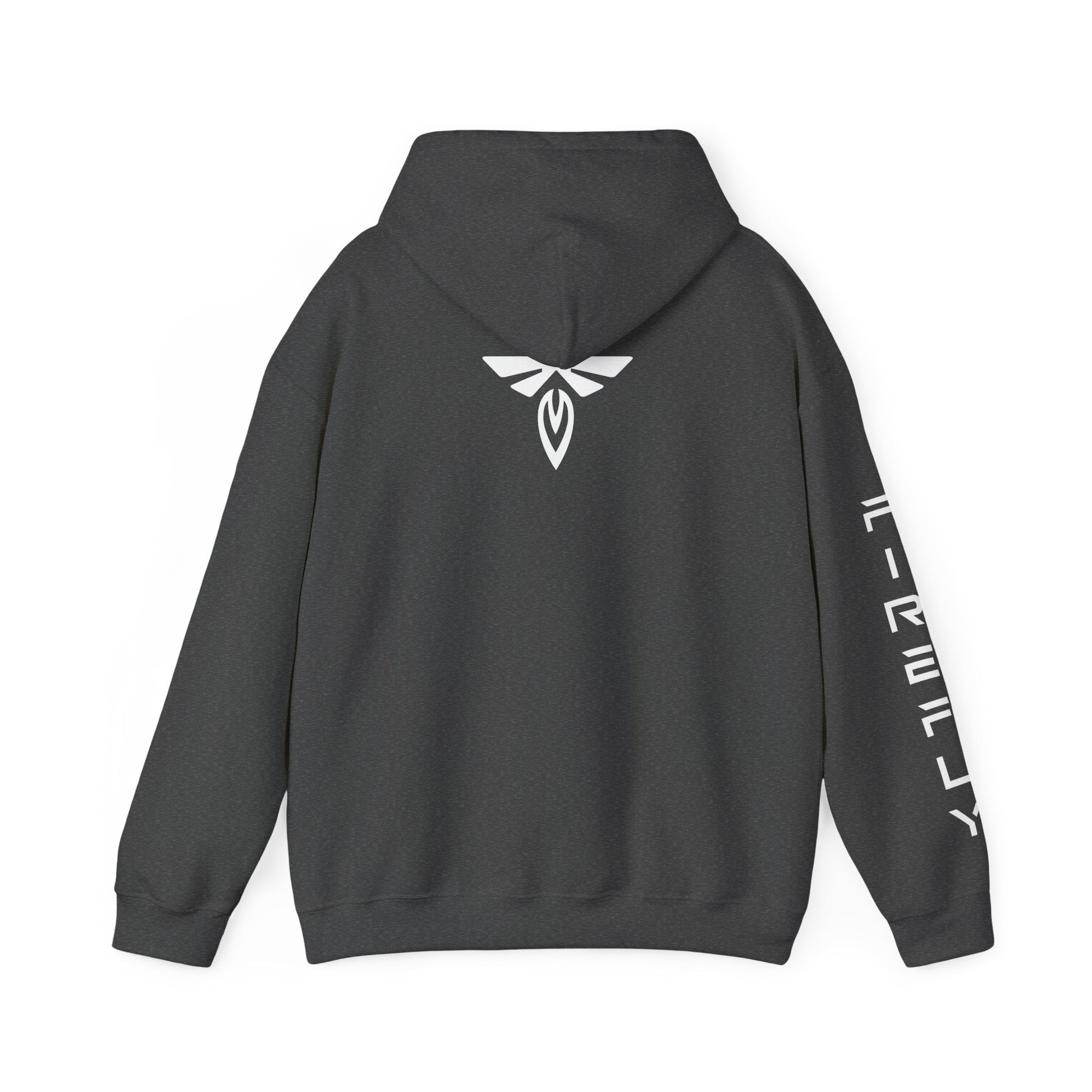 Grey hoodie with pink text on sleeve against a white background