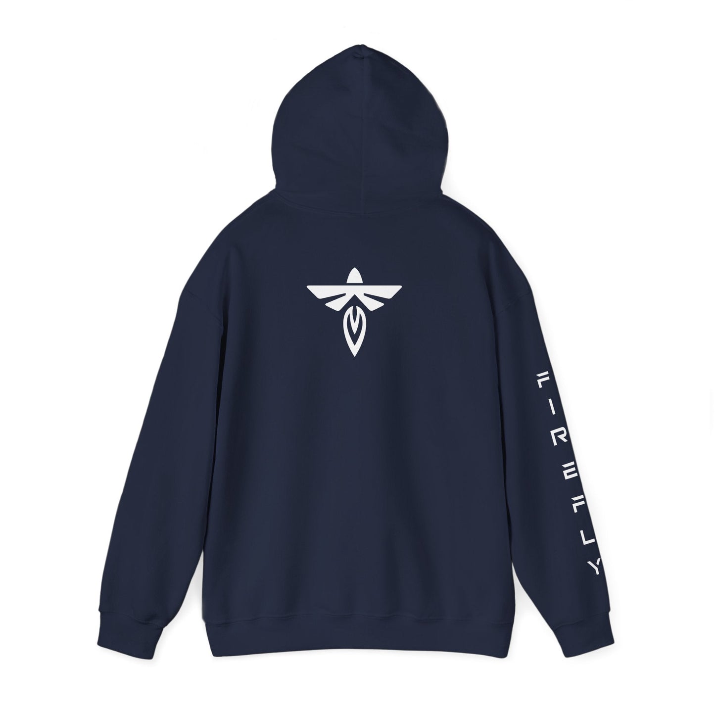Navy hoodie with 'FOCUS' and 'SPORTSWEAR' text on the back against a white background