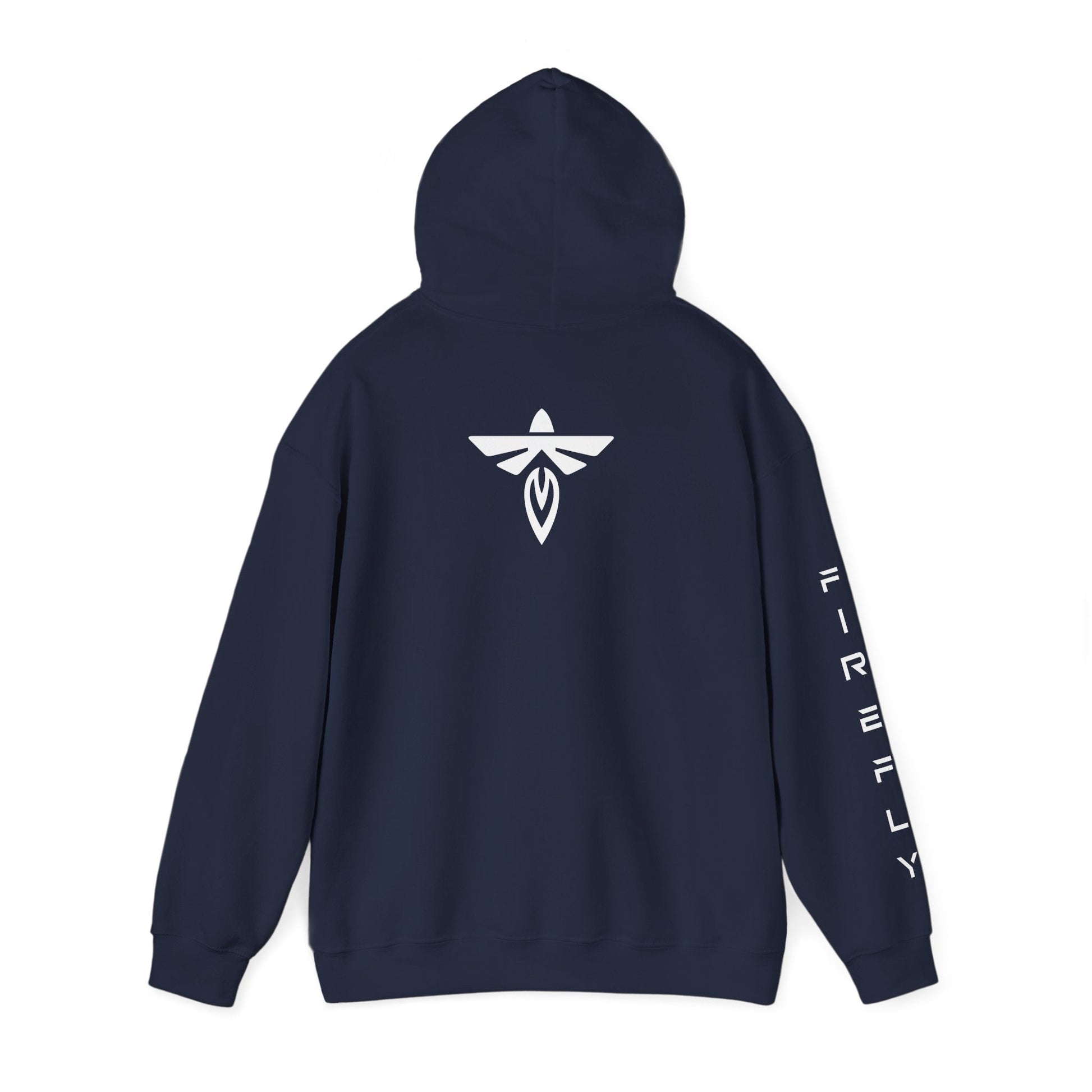 Navy hoodie with 'FOCUS' and 'SPORTSWEAR' text on the back against a white background