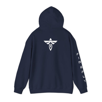 Navy hoodie with 'FOCUS' and 'SPORTSWEAR' text on the back against a white background
