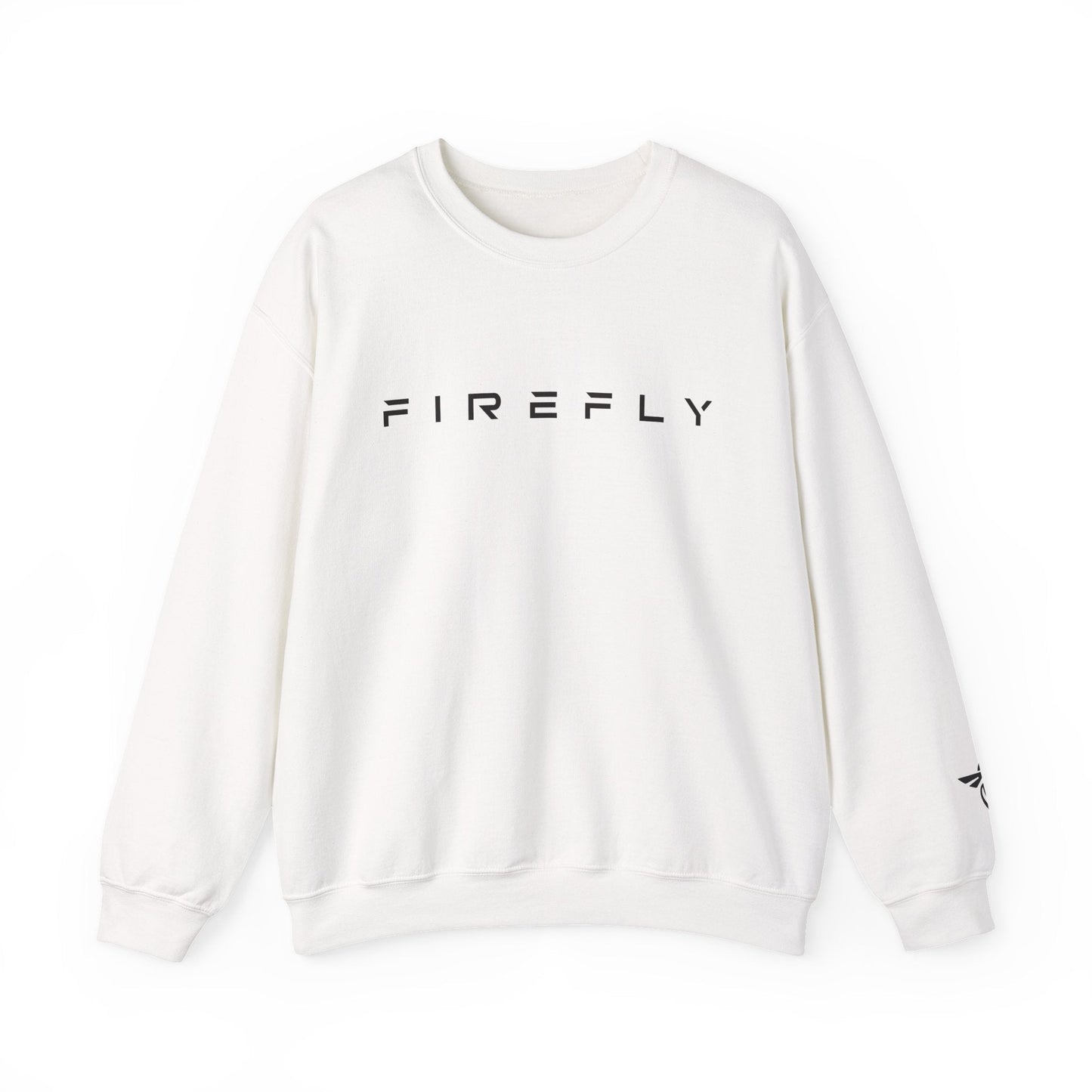 A white crewneck sweatshirt with the word 'FIREFLY' printed in black across the chest, displayed on a clean white background.