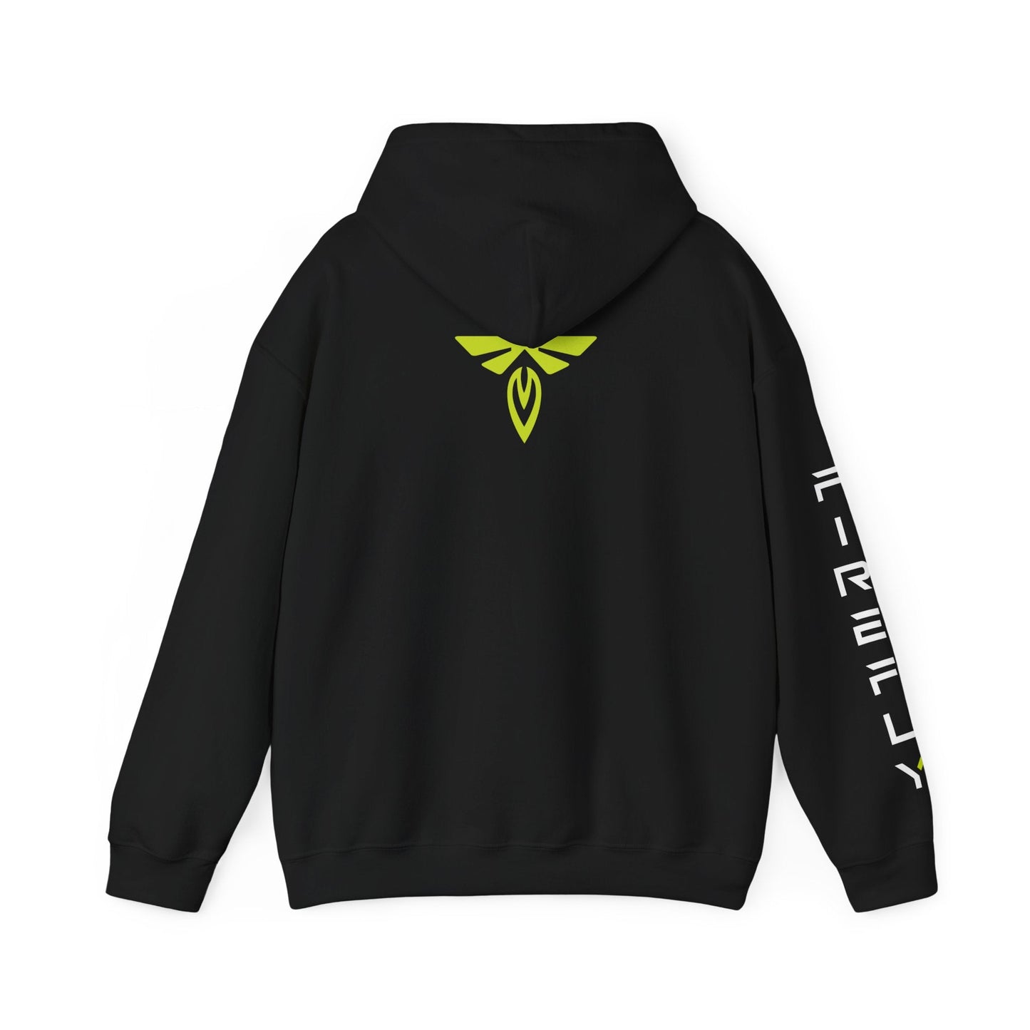 Black hoodie with pink text on sleeve against a white background