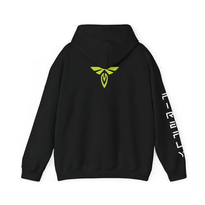 Black hoodie with pink text on sleeve against a white background