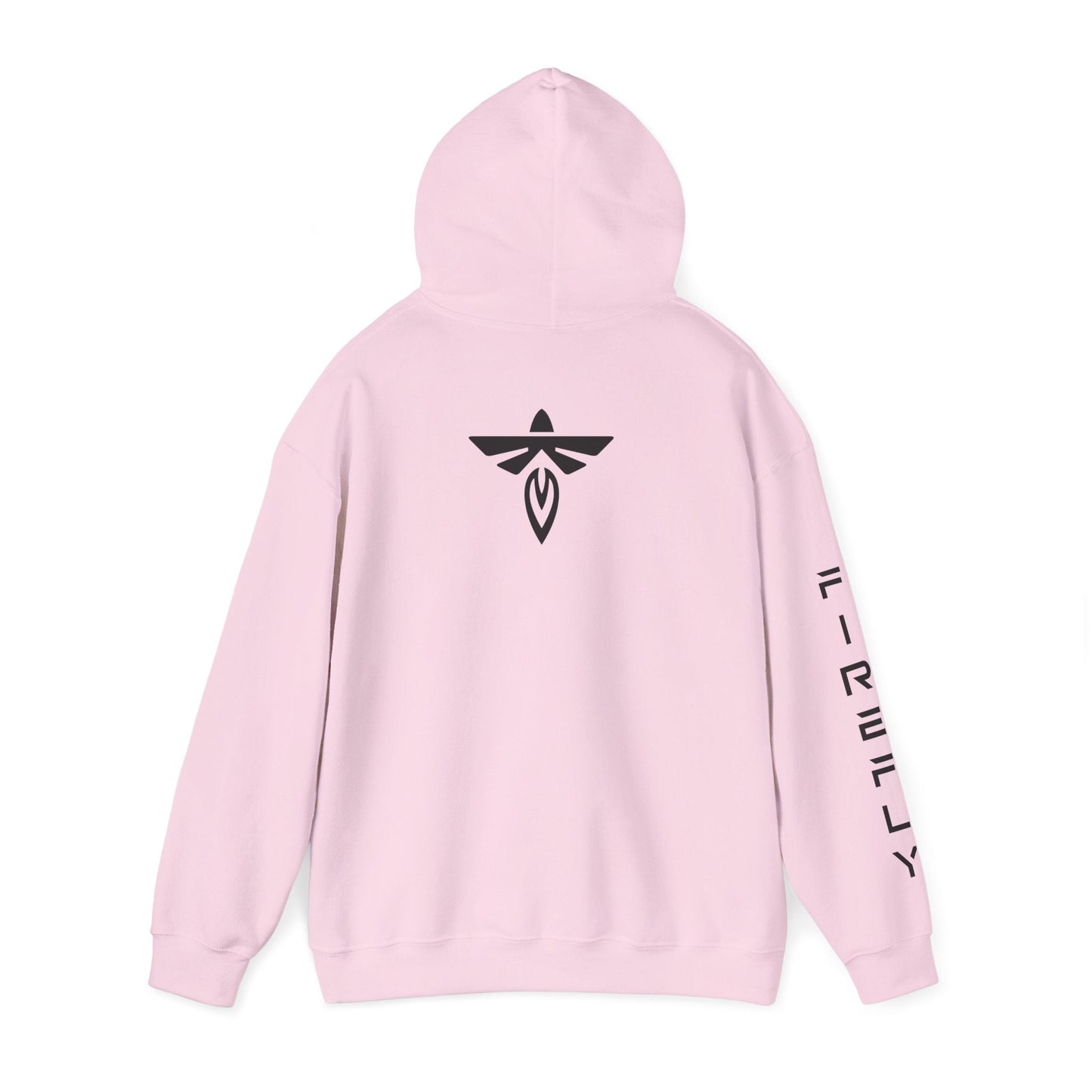 A light pink pullover hoodie shown from the back, featuring a black stylized winged emblem centered on the back and vertical black text running down one sleeve, displayed on a clean white background.