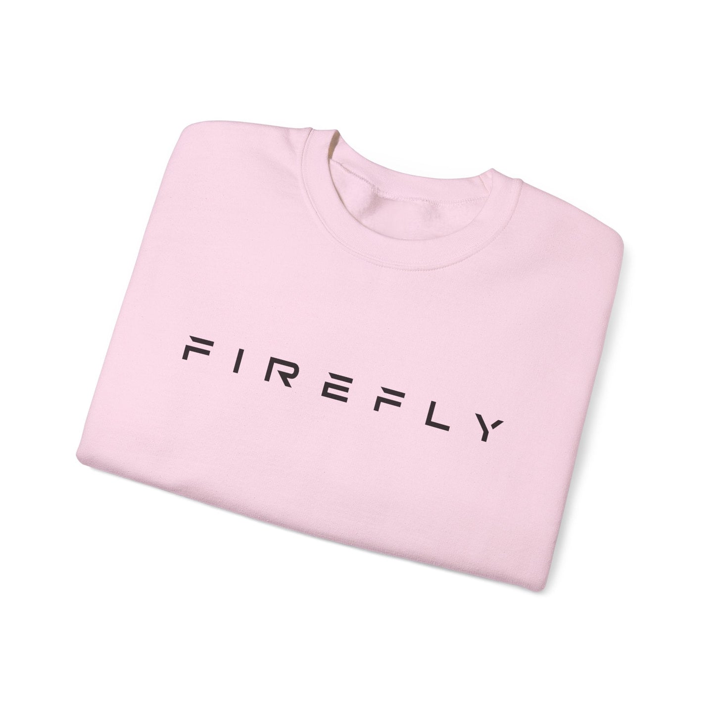 A folded light pink crewneck sweatshirt with the word 'FIREFLY' printed in black sans-serif letters across the chest, displayed on a clean white background.