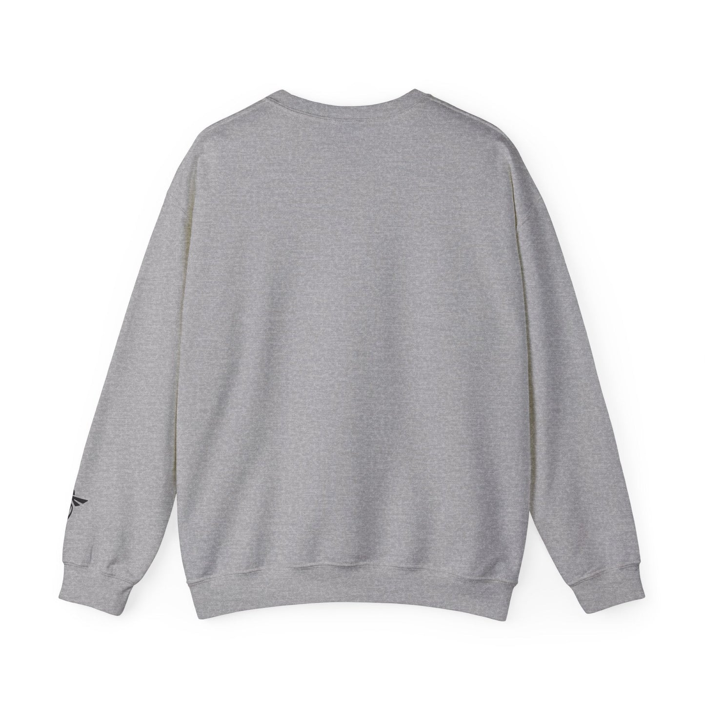 Gray sweatshirt with a brand logo on the sleeve against a white background