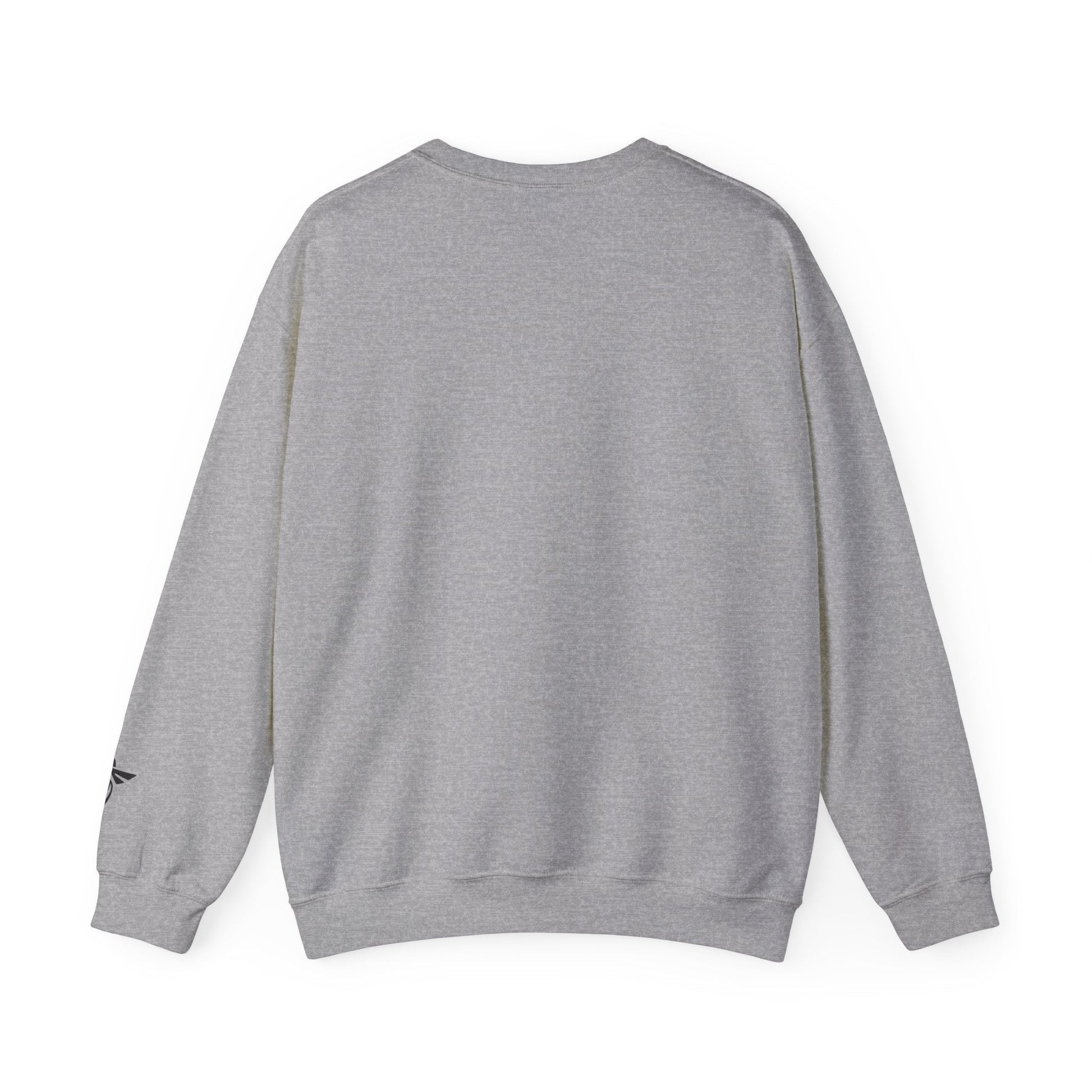 Gray sweatshirt with a brand logo on the sleeve against a white background