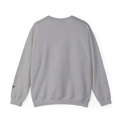 Gray sweatshirt with a brand logo on the sleeve against a white background