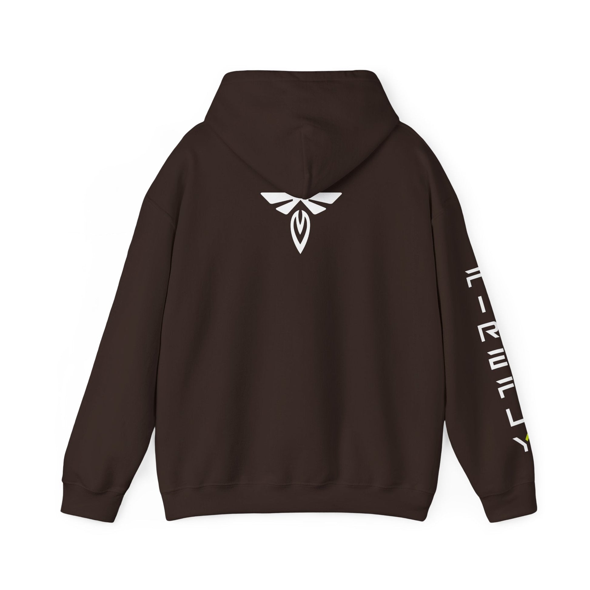 Brown hoodie with pink text on sleeve against a white background