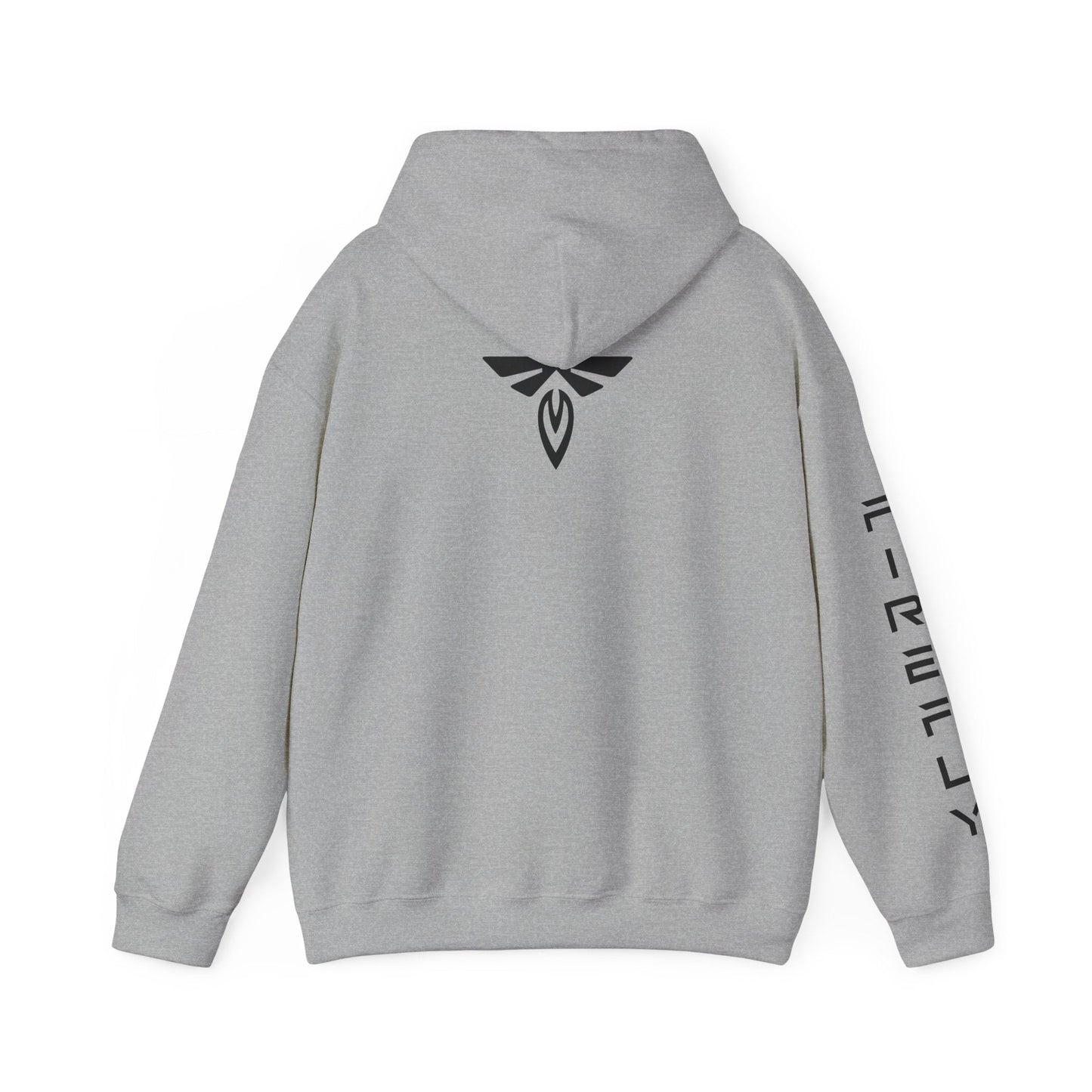Gray hoodie with patches on the sleeves on a white background