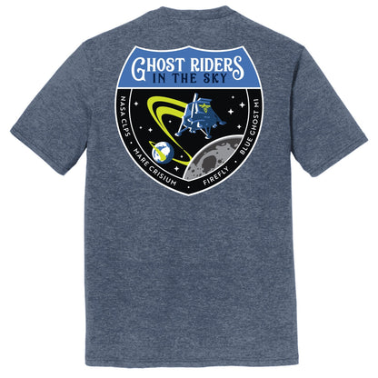 A navy-colored t-shirt featuring a graphic print on the back with the text 'GHOST RIDERS IN THE SKY' and an illustration of the blue ghost lunar lander mission from Firefly Aerospace.