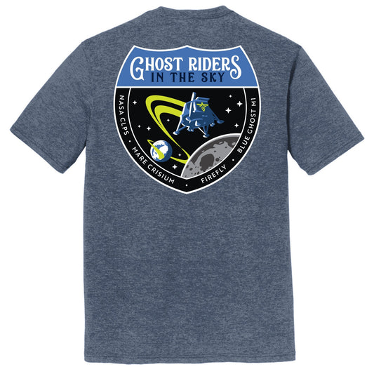 A navy-colored t-shirt featuring a graphic print on the back with the text 'GHOST RIDERS IN THE SKY' and an illustration of the blue ghost lunar lander mission from Firefly Aerospace.