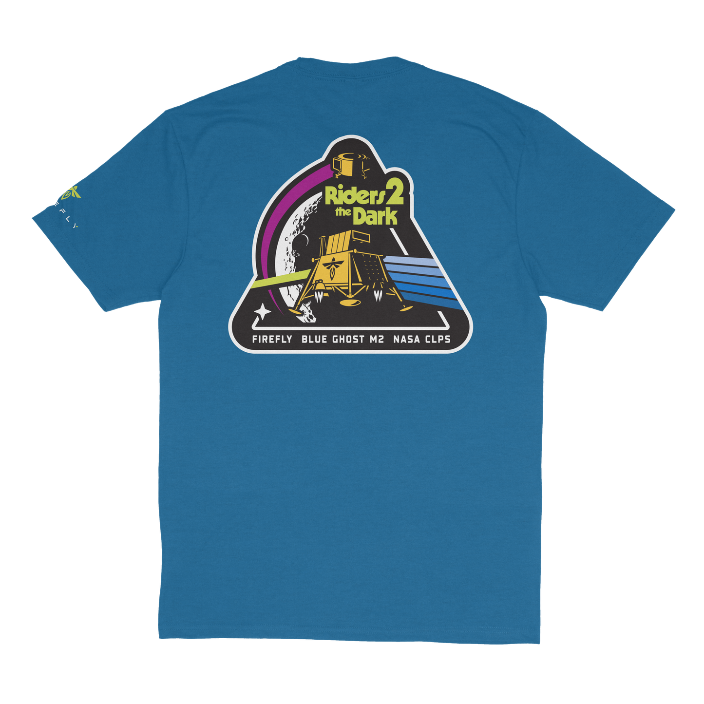 Blue t-shirt with a graphic design on the back featuring text and symbols.
