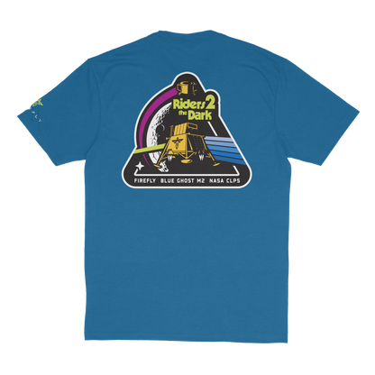 Blue t-shirt with a graphic design on the back featuring text and symbols.