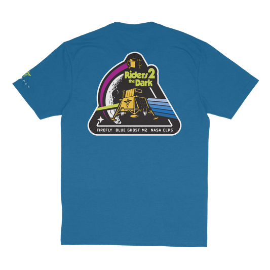 Blue t-shirt with a graphic design on the back featuring text and symbols.